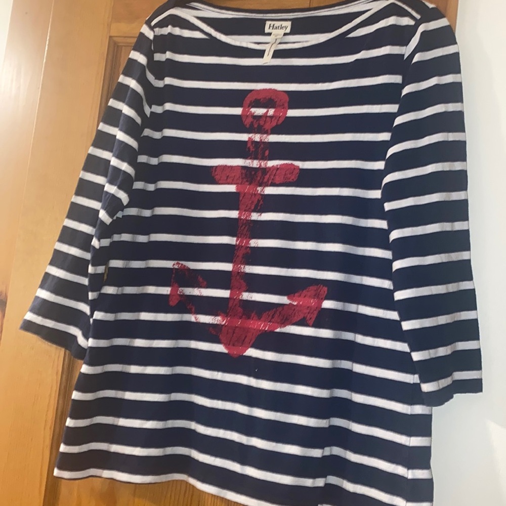 Hatley top scoop neck blue & white stripe red anchor quarter sleeve size XL